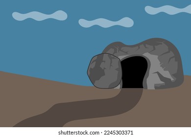 Easter landscape. Empty tomb with rolled away stone. The Grave is empty. Christ is risen. Easter postcard. Christ is alive