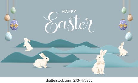 Easter Landscape With Rabbits and Hanging Decorative Easter Eggs Greeting Card Background Illustration for Holiday Celebration