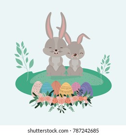 easter landscape scene with bunnies couple and easter eggs in colorful silhouette