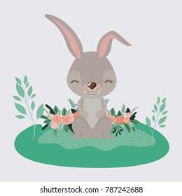 easter landscape scene of rabbit with closed eyes expression and easter eggs in colorful silhouette
