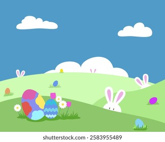 Easter landscape with spring flowers. Bunny. Cute Easter Egg hunt design Vector illustration.
