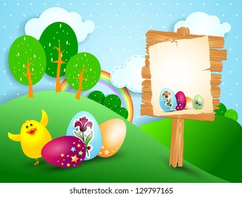 Easter landscape with wooden signboard, vector