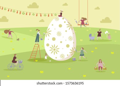 Easter. large egg in center of park is painted by people on swing, stairs. Women walk with children, dogs, on bicycle. Spring holiday. Original flat design