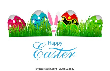 Easter Lawn with Easter Eggs and Bunny, vector art illustration.
