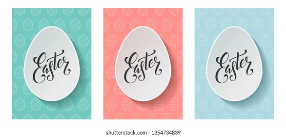 Easter lettering brochures. Set of vector greeting cards with paper eggs, handwritten typography and holiday pattern