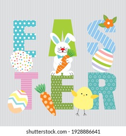 Easter lettering, bunny, chick and eggs for easter greeting card