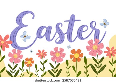 Easter lettering with colorful wildflowers and butterflies on white isolated background. Bright botanical illustration in springtime joy concept. For holiday cards, invitations, banners.