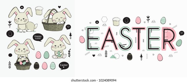 Easter lettering. Cute vector illustration for postcards, posters, stickers. Easter bunny. Cute hand-drawn lovely rabbit. Holiday. Vector set
