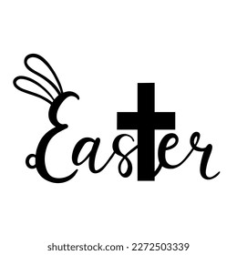 Easter - lettering  decorated by rabbit ears and cross. Happy Easter holiday. Isolated on white background. Good for postcard, card, invitation, poster, banner template lettering typography