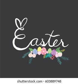 Easter lettering decoration with eggs and rose flower bouquet.