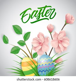 Easter lettering with eggs and flowers