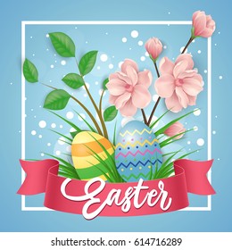 Easter lettering with eggs, flowers, frame