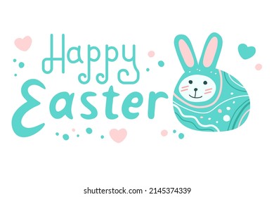Easter lettering. Emblem for badges and labels. Happy Easter lettering with cute and abstract, decorative bunny and texture. Isolated on white background. Vector graphics