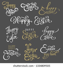 Easter lettering emblems. Happy spring easters texts, ostern calligraphy hand drawn elements for springtime business celebration cards, vector illustration