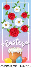 Easter lettering in frame with colored eggs, Easter cake and hanging flowers. Calligraphic inscription can be used for greeting cards, festive design, postcards, posters.