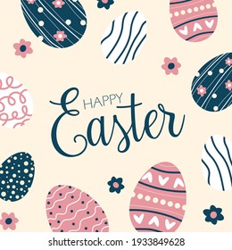 Easter lettering with frame from colored eggs. Vectoe easter card in pastel colors.