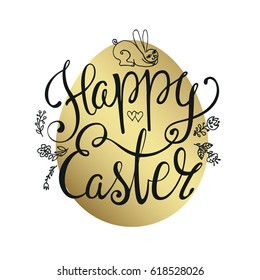 Easter lettering on pattern Gold eggs background.Text happy easter.Handwriting black worlds/ Holiday calligraphy card. Spring vintage vector