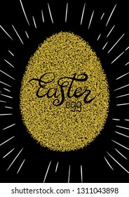 Easter lettering on silhouette on the gold glitter egg background. Vector illustration.