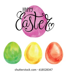 Easter lettering on watercolor eggs background.Text happy easter.Handwriting black worlds.Holiday calligraphy card. Spring vintage vector
