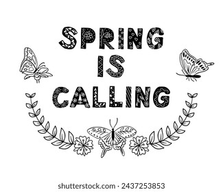 Easter lettering in Scandinavian style with flowers and butterflies. Slogan Spring is calling. Scandinavian lettering with floral ornament, patterns in folk ethnic style. Good for poster, printout,