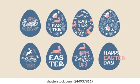 Easter lettering set with eggs. Trendy modern design with typography in pastel colors. Easter eggs collection for banner, cards, posters, holiday covers, postcard, card, web site. Flat vector illustra