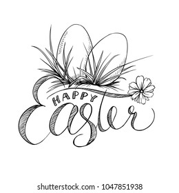 Easter Lettering and Two Eggs with Grass, Camomile Flower. Black and White Hand Drawn Isolated Illustration. Jesus Christ resurrection Celebration and Tradition, Religion and Christian Church Design