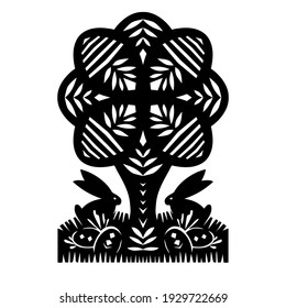 Easter life tree bunny and eggs. Paper cut festive symbols Holiday spring holiday signs in black colors isolated on white background. Traditional Belarusian, Polish paper clippings Vector illustration