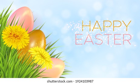 Fondo azul claro de Semana Santa con huevos realistas de Pascua y dientes de león. Plantilla para tarjeta de invitación, banner, afiche con huevos de Pascua, flores e inscripción Feliz Pascua. Ilustración del vector