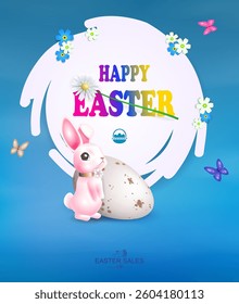 Easter light blue illustration with round frame, cute bunny and eggs