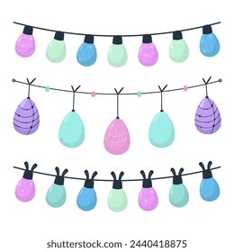 
Easter lights with eggs. Easter eggs garland and rabbit ears. Simple egg shapes on a rope weigh for Easter Day. Flat vector illustration.