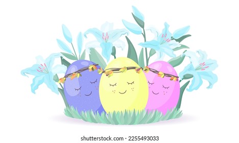 Easter Lilies with Eggs on the grass. Bright colors vector concept drawing. Happy Easter Eggs with cute sleepy faces drawn in cartoon style.