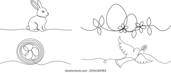 easter line art doodles. eggs with flowers and leaves, rabbit, nest with eggs and dove with olive branch