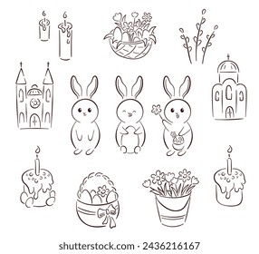 Easter line art spring collection. Outline set with Bunny rabbit, church, pie, cake. candle, basket with flowers and willows. Vector illustration isolated on a white background.