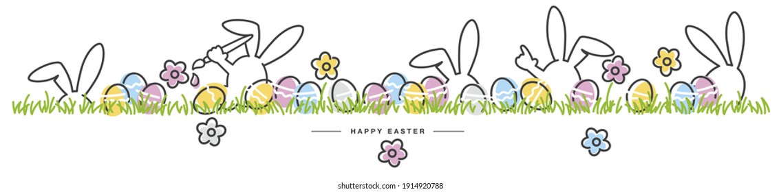Easter line design rabbits and spring flowers colorful eggs in green grass Easter egg hunt white greeting card
