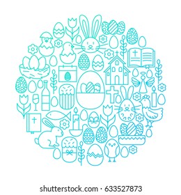 Easter Line Icon Circle Design. Vector Illustration of Spring Holiday Objects.