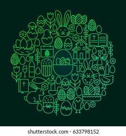 Easter Line Icon Concept Circle. Vector Illustration of Spring Holiday Objects.