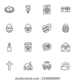 Conjunto de iconos de línea de Pascua, colección de símbolos de Vector de contorno, paquete de pictogramas de estilo lineal. Señales, ilustración del logotipo. El sistema incluye iconos como torta de Pascua, huevos, vela, iglesia, tarjeta de felicitación, crucifijo, tulipán