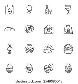 Conjunto de iconos de línea de Pascua, colección de símbolos de Vector de contorno, paquete de pictogramas de estilo lineal. Señales, ilustración del logotipo. El conjunto incluye iconos como calendario, cesta de huevos de Pascua, alas de ángel, botella de vino, golosinas