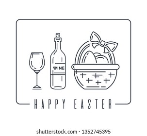 Easter line logo icon with bottle of wine and basket with easter eggs. Vector illustration