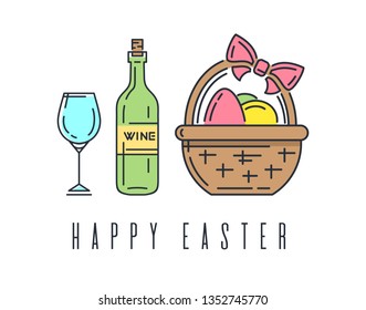 Easter line logo icon with bottle of wine and basket with easter eggs. Vector illustration