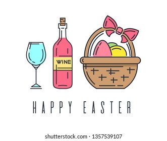 Easter line logo icon with bottle of wine and basket with easter eggs. Vector illustration