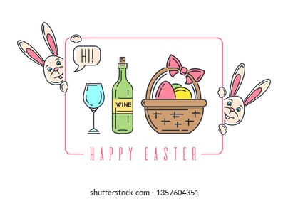 Easter line logo icon with bottle of wine, easter bunny and basket with easter eggs. Vector illustration