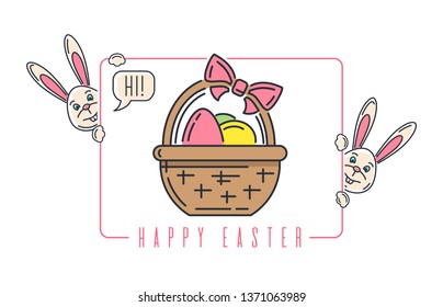 Easter line logo icon with bottle of wine, easter bunny and basket with easter eggs. Vector illustration