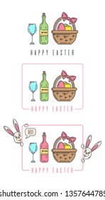 Easter line logo icon set with wine, easter bunny and basket with easter eggs. Vector illustration