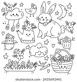 Línea de Pascua con conejito, cesta, flores, huevos, pollito y elementos de diseño. Ilustración de Pascua con animales festivos en estilo boho. Ideal para la decoración de la habitación de los niños, ropa, estampados.
