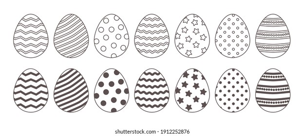 Easter line vector eggs icon, black and white outline and flat design. Doodle holiday illustration isolated on white background
