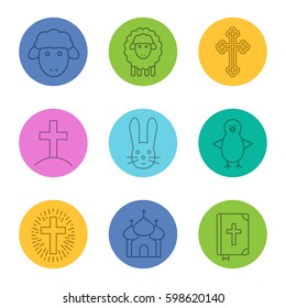 Easter linear icons set. Christian crucifix, Holy Bible, church, chicken, Easter lambs, bunny and crosses. Thin line contour symbols on color circles. Vector illustrations