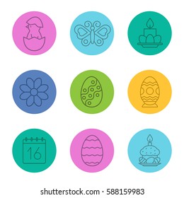 Easter linear icons set. Newborn chicken, butterfly, flower, April 16 calendar date, Easter eggs, cake and candle. Thin line contour symbols on color circles. Vector illustrations