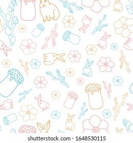 Easter linear seamless pattern with rabbit, narcissus, easter cakes, willow. Bright linear background for dezign cards, gift paper