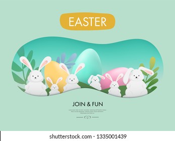 Easter and Little Bunny cute rabbit. Holiday greeting element. Egg colorful.